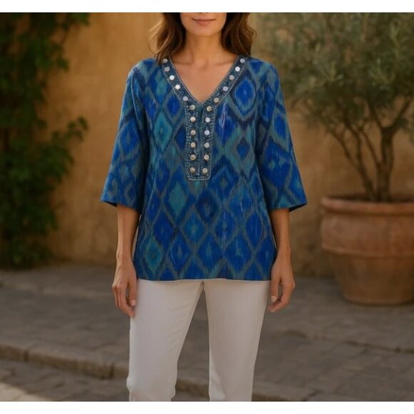 Chico's Women's Blue Ikat‎ Print Embellished V Neck Tunic Blouse 3/4 Sleeve Sz 2 - Picture 3 of 14
